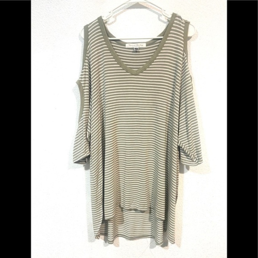 FRENCH LAUNDRY striped cold shoulder blouse green